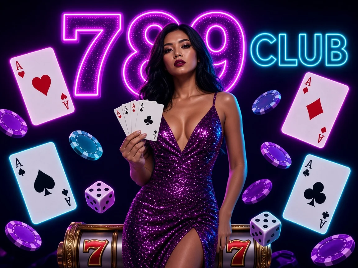 Cô chia bài 789CLUB giữa đèn tím và chữ CLUB xanh